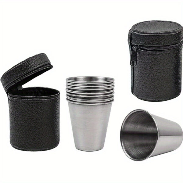 Set de 4 vasitos metalicos para shots en estuche de piel