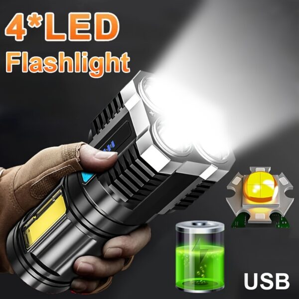 Potente Lampara 4 leds con luz lateral recargable, lamparas para acampar, lampara de emergencia led