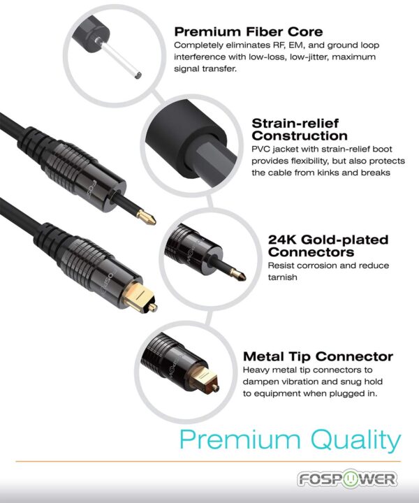 Cable de audio digital óptico Toslink a Mini Toslink FosPower chapado en oro de 24K - Imagen 2
